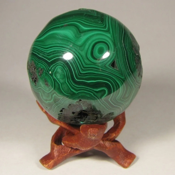 2.1" MALACHITE Gemstone Sphere Ball w/ Stand - Congo, Africa - 53mm - Picture 3 of 11